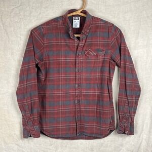 Helly Hansen Flannel Shirt Mens Medium Plaid Button Up Red Grey Outdoor Gorpcore